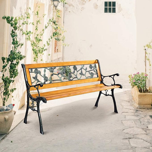S AFSTAR Outdoor Garden Bench, Outdoor Porch Bench with Rose Cast Backrest & Stable Metal Legs, Weatherproof 2-3 Person Park Bench for Outside Patio Garden Backyard Poolside