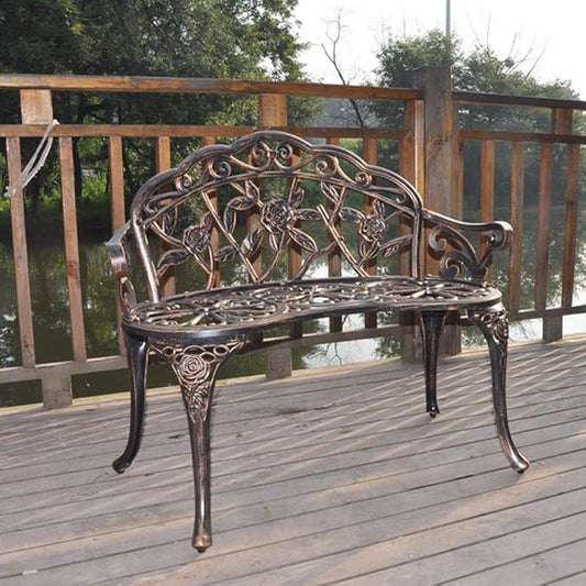 38.5" Outdoor Garden Bench Cast Aluminum Patio Park Bench Elegant Porch Deck Loveseat with Rose Pattern Backrest,Bronze