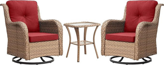 Rilyson Patio Chairs Rocking Swivel Chiar - 3 Piece Outdoor Wicker Patio Bistro Set Rattan Rocker Glider Chairs with High Back and Deep Seating for Outside Porch Deck Garden(Yellow/Red)