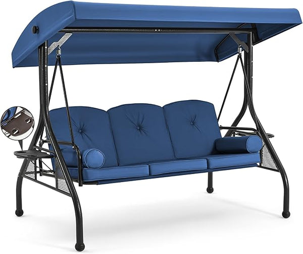 HOMREST 3 Seat Outdoor Porch Swing with Adjustable Canopy, Convertible Patio Swing Bed with Stand, Patio Glider Swing with Upgraded Cup Holder, Thicken Cushions & Pillow for Backyard (Blue)
