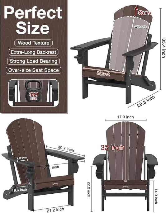 Folding Adirondack Chair –Recyclable HDPE Outdoor Adirondack Patio Chair with Cup Holder, Wood Texture & Umbrella Hole, 25-Year Fade-Free All Weather for Fire Pit, Porch, Poolside, Deck, Brown & Black