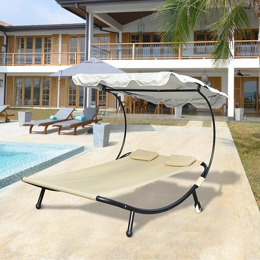 Chaise Lounge Outdoor Hammock with Stand for Outside with Adjustable Canopy & Pillows, 2 Person Chaise Lounge Lawn Chair with Shade for Backyard, Garden, Poolside