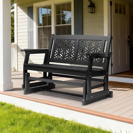 VINGLI Fir Wood Outdoor Glider with Floral Backrest, Wooden Patio Gliding Bench with Cup Holders, Smooth Rocking Chair for Garden, Yard & Porch (Black, 4FT)