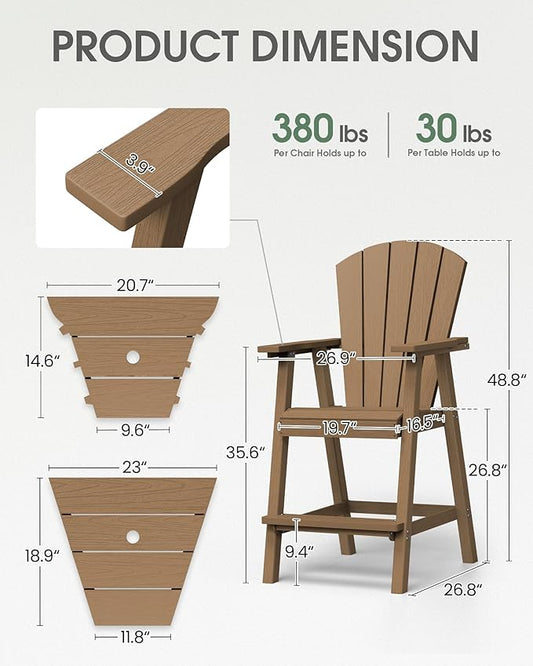 Tall Adirondack Chairs Set of 4, HDPE High Adirondack Chairs with Double Removable Trays, All Weather Outdoor Barstools for Patio, Balcony, Backyard, Deck and Garden, Teak