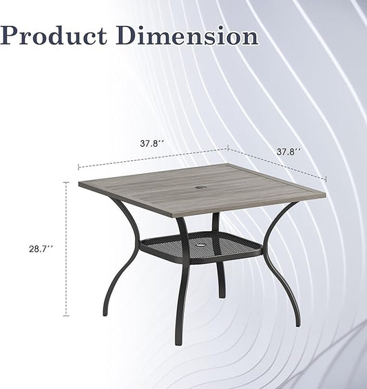 Outdoor Dining Table with Adjustable Umbrella Hole, 37.8" All-Weather Square Patio Dining Table for 4, Metal Patio Table for Garden Lawn Porch Deck Yard, Grey