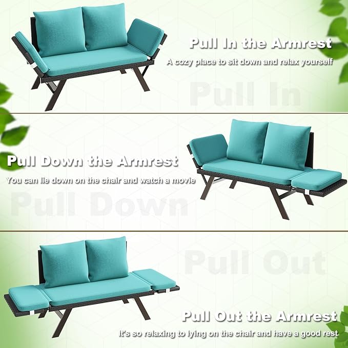 TAVATA Outdoor Convertible Sofa, Woven Rattan Loveseat Patio Furniture Couch with Adjustable Armrests, Removable Cushions & Pillows, Balcony Couch Daybed for Porch, Backyard, Deck, Poolside (Blue)