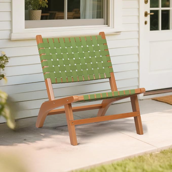 VINGLI Wooden Outdoor Chair, All-Weather Patio Seat with PE Woven Fabric, Adirondack Chair for Lawn, Balcony, Deck (1, Green and Brown)