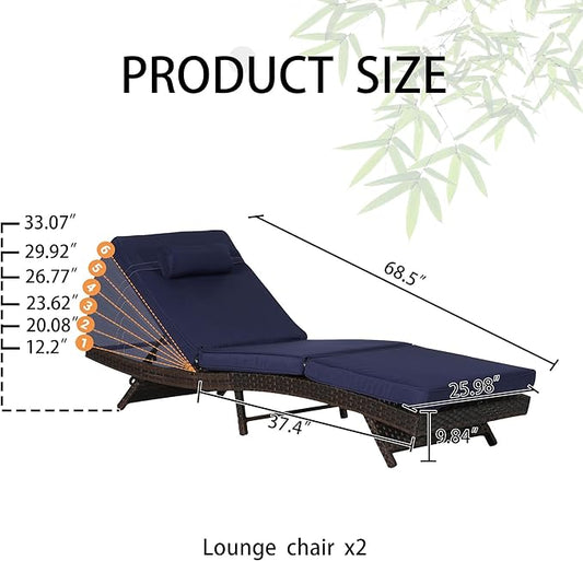 Outdoor Lounge Chairs Set of 2,Wicker Chaise Lounge Chair Pool Chaise Lounge,Patio Lounge Chair with Adjustable Backrest Arm Cushion for Poolside