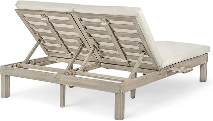 SOFTSEA Patio Double Chaise Lounge with 5-Position Adjustable Backrest, Outdoor Chaise Lounge with Cushions for 2 People, Wooden Outdoor Daybed with Folding Side Trays for Pool Backyard, Gray