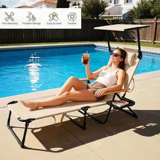 Folding Lounge Chairs for Outside, Beach Patio Lounge Chair with Canopy, Sunbathing/Tanning Chair with 4 Adjustable Backrest & Cup & Pillow,Holds 330 Lb, Outdoor Garden Pool