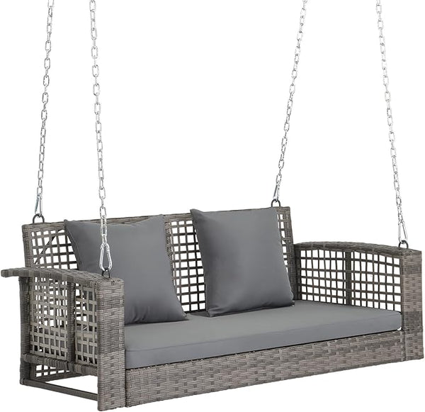 4FT Wicker Porch Swing for 2 Person, 800lb Capacity Outdoor Hanging Bench with Removable Cushions - Photo 1