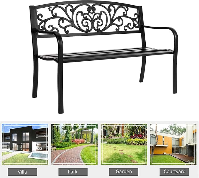 Outdoor Bench, 50" Metal Garden Bench Patio Porch Furniture with Backrest and Armrests, for Balcony, Yard, Garden, Weatherproof(Pink)