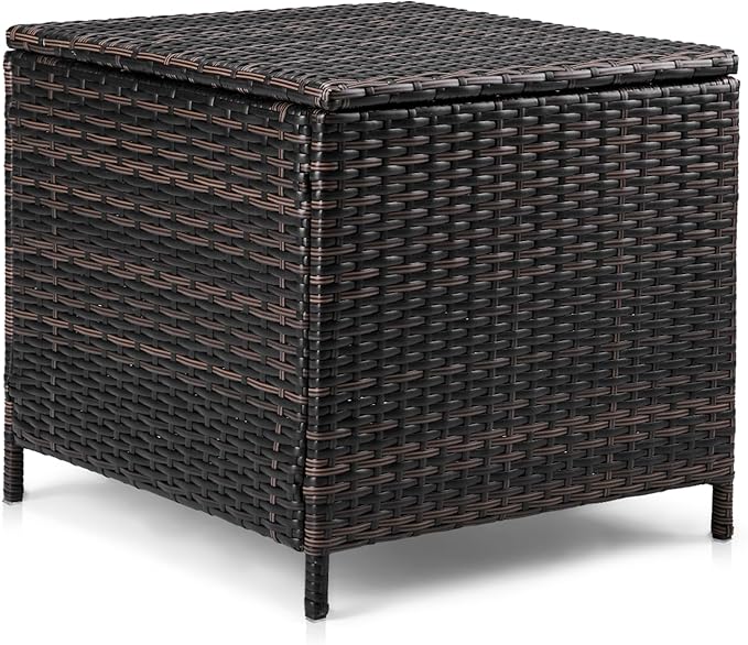 Outdoor PE Wicker Side Table with Storage, Patio Rattan End Table Square Container for Furniture and Gardening Tools