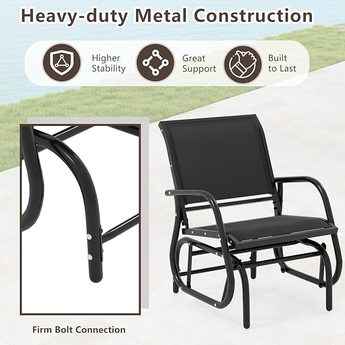 Tangkula Swing Glider Chair, Ergonomic Rocking Chair with Comfortable Fabric, Iron Frame, 4 Non-Slip Foot Pads, Outdoor Patio Glider Rocker Chair for Living Room, Garden, Backyard (1, Black)