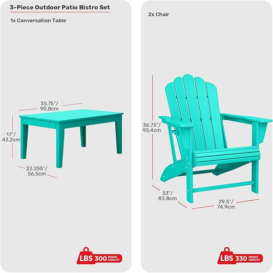 Costaelm Lakeview 3-Piece Adirondack Chairs with Cup Holders and Coffee Table Set, Turquoise