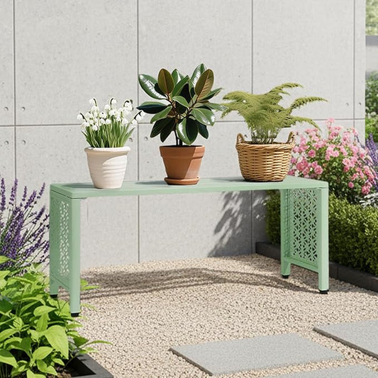 VINGLI 40in Outdoor Metal Bench, All-Weathe Backless Patio Bench with Slatted Seat&Floral Side Panels, Rust-Resistant Garden Bench, Weatherproof Outdoor Seating for Porch Entryway Backyard (Green)