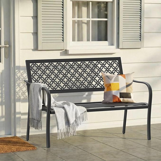 ONBRILL 50" Outdoor Bench, Garden Benches with Galvanized Metal Frame, Front Porch Bench with Floral Backrest, Patio Furniture with Adjustable Feet for Park, Yard, Lawn, Entryway, Black