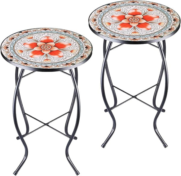 2PCS 12 Inch Small Outdoor Side Table with Pink Flower, Glass Mosaic Patio Table Indoor - Photo 1