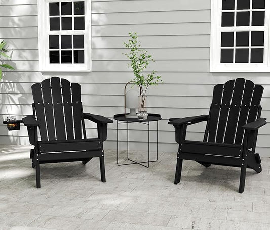 FOOWIN HDPE Adjustable Adirondack Chair Set of 6, 400lbs Heavy Duty Folding Patio Chairs with Cup Holder, 3-Position Reclining Fire Pit Seating, All-Weather Poly Lumber for Backyard, Deck - Black