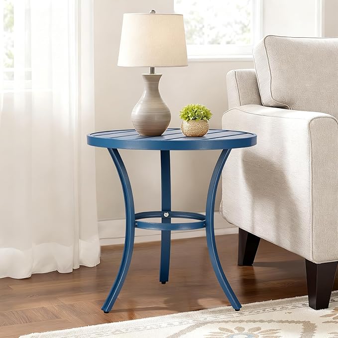 Outvita Outdoor Round Side Table, Small Metal End Table Black Coffee Table for Patio Lawn Garden Living Room Bedroom Sturdy (Single Layer, Navy Blue)
