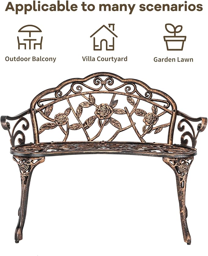 Outdoor Bench, Patio Outdoor Garden Bench Cast Aluminum Metal Loveseat Chairs for Park, Yard, Porch, Lawn, Balcony, Backyard, Antique Floral Rose Accent Seat Furniture (Bronze)