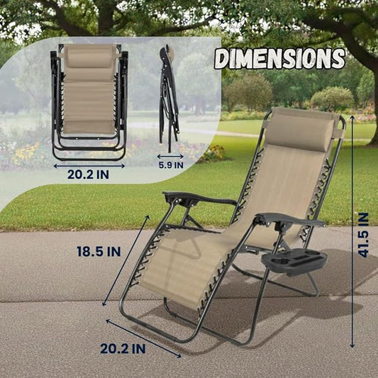 EZONE Zero Gravity Lounge Chairs Outdoor Adjustable Reclining Patio Chair Steel Mesh Folding Recliner for Pool Beach Camping Lounge Chair with Pillows and Cup Tray (2, Beige)