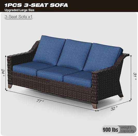 Joyside Patio Sofa - 3 Seater Rattan Sofa, All Weather High Back Sofa, Upgraded Large Size with 4inch Seat Cushions for Backyard, Garden, Poolside (Brown/Blue)