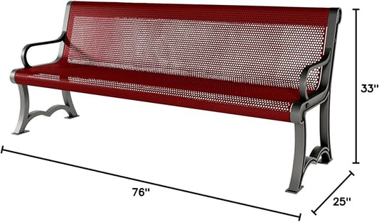 COATEDOUTDOORFURNITURE Heavy-Duty Outdoor Bench Thermoplastic Coated, Punched Steel, Commercial-Grade Garden Bench, Made in America (Portable with Back, 6 Ft, Textured Burgundy)