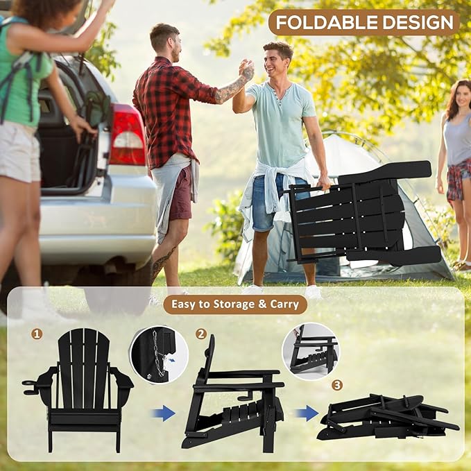 Adirondack Chair Set of 2 with Cushion & Cup Holder, HDPE Folding Adirondack Chairs with Wood-Like Grain Outdoor Fire Pit Chairs for Patio/Porch/Swimming Pool/Camping (Black)