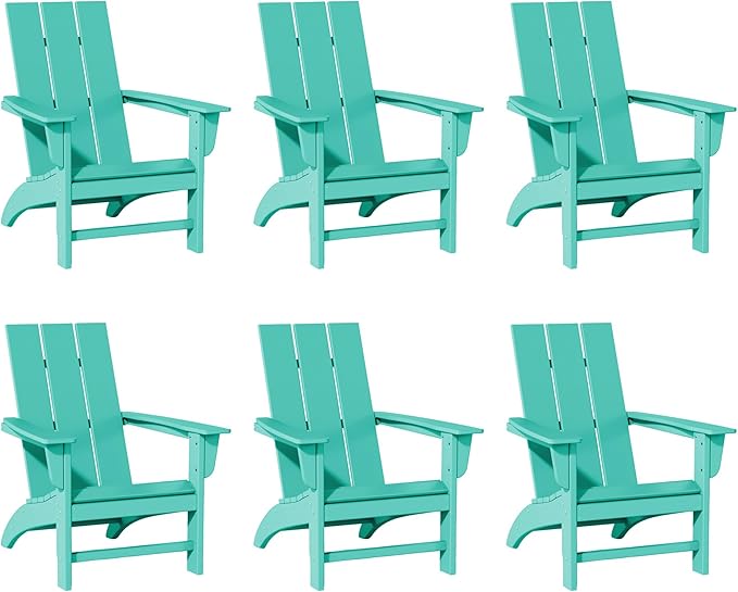 Poly Lumber Adirondack Chairs Set of 6, All-Weather Resistant Outdoor Patio Chairs, Look Like Wood, Pre-Assembled Outdoor Fire Pit Chair for Pool, Deck, Backyard, Garden, Aruba Blue