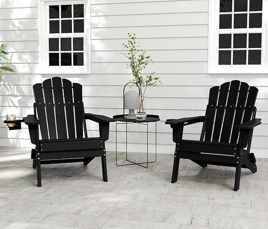 FOOWIN Adirondack Chair Set of 6, Folding HDPE Patio Chairs with Cup Holder, 400LBS Heavy Duty Fire Pit Chairs for Large Garden, Deck, Resort, Commercial Use,Black