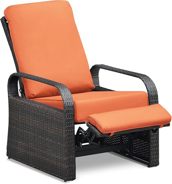 ATR ART TO REAL Outdoor Recliner, Set of 2 Wicker Reclining Chair with Coffee End Side Table, Aluminum Frame Patio Chaise Lounge Chairs with Thicken Cushions (Orange)