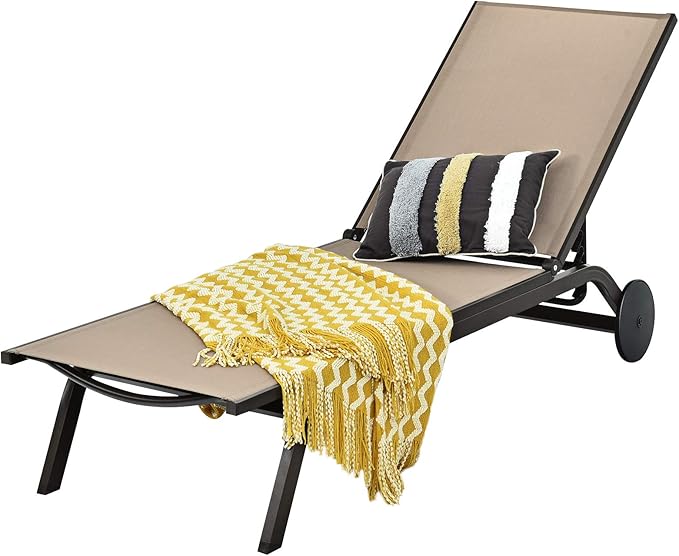 Tangkula Outdoor Aluminum Chaise Lounge, Patio Lounge Recliner Chair w/6 Adjustable Backrest, Reclining Chaise Chair with Wheels for Beach, Yard, Balcony, Poolside (1, Brown)