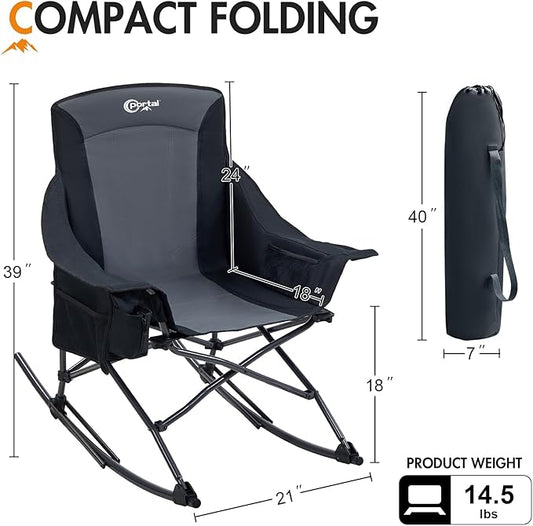 Portal Camping Rocking Chair Outdoors Folding Portable Rocker with Cup Holder Side Pocket Carry Bag, Support 350LBS, Black