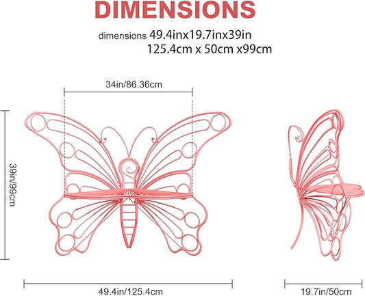 Pink Cute Butterfly Benches for Outdoors, Pretty Garden Bench & 50" Metal Outside Bench, Front Porch Benches Outdoor with Sturdy Frame for Lawn Yard Balcony (Pink)