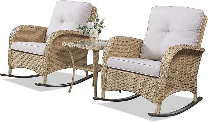Belord Outdoor Rocking Chairs Set of 2, Wicker Rocker Rocking Chairs for Porch, 3 Pieces Patio Furniture Sets Rocking Bistro Set with Cushions and Side Table