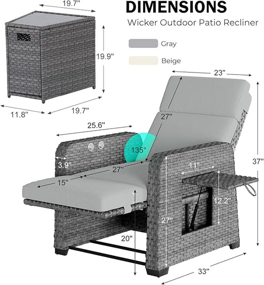 Restland Outdoor Recliner with Independent Adjustable Back & Footrest Wicker Patio Reclining Chair with Flip Table Comfortable Lounge Chair & Thick Cushion for Deck, Porch (3 Piece, Grey)