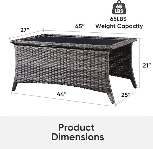 Outdoor Coffee Table - Patio Rattan Wicker Coffee Table with Tempered Glass Top Outdoor Table for Deck Porch Balcony Garden - Grey