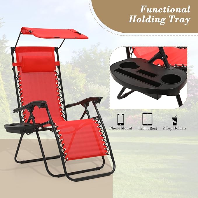 Athena Collection Patio Chairs Set of 2 Reclining Lounge Chair with Cup Holder and Pillow Fabric Camping Chairs with Canopy Foldable Beach Chairs for Garden, Park, Deck, Yard, Poolside, Red