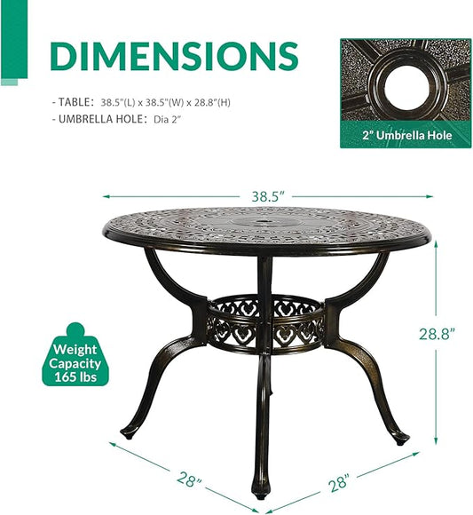 VIVIJASON 38.5" Patio Bistro Table Outdoor Dining Round Table Bronze Cast Aluminum Table with Umbrella Hole