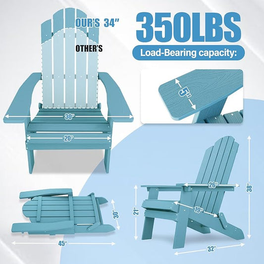 MXIMU Folding Adirondack Chair for Outdoor: Easy Assembly and Comfortable HIPS All-Weather Adirondack Chairs Set of 2 - Wooden Textured Patio Chair for Lawn Garden Deck Backyard Fire Pit