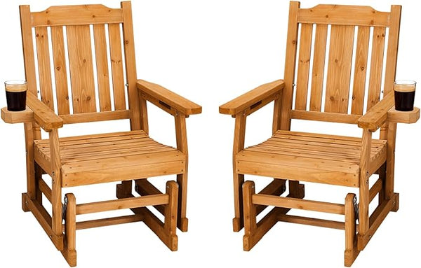 Outvita Patio Glider with Cup Holders Set of 2, Wooden Outdoor Glider Bench with High Roll Back & Deep Contoured Seat - Photo 1