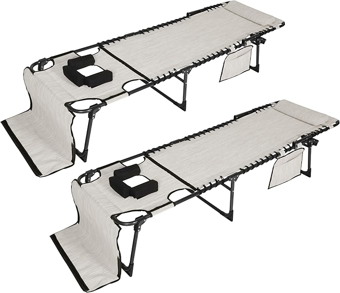 Foldable Chaise Patio Lounge Chair 2 Pack with Face and Arm Hole, Portable Outdoor Tanning Chair with Detachable Pocket and Pillow for Beach, Patio and Pool, Cream White