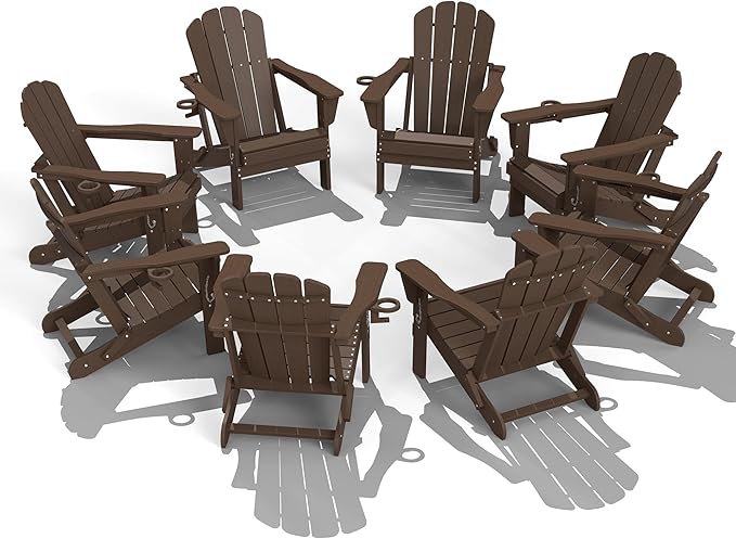 Domi Folding Adirondack Chairs Set of 8, HDPE All-Weather Outdoor Chairs with Cup Holder, Wooden Textured Fire Pit Chairs for Backyard, Patio, Poolside & Deck,Khaki