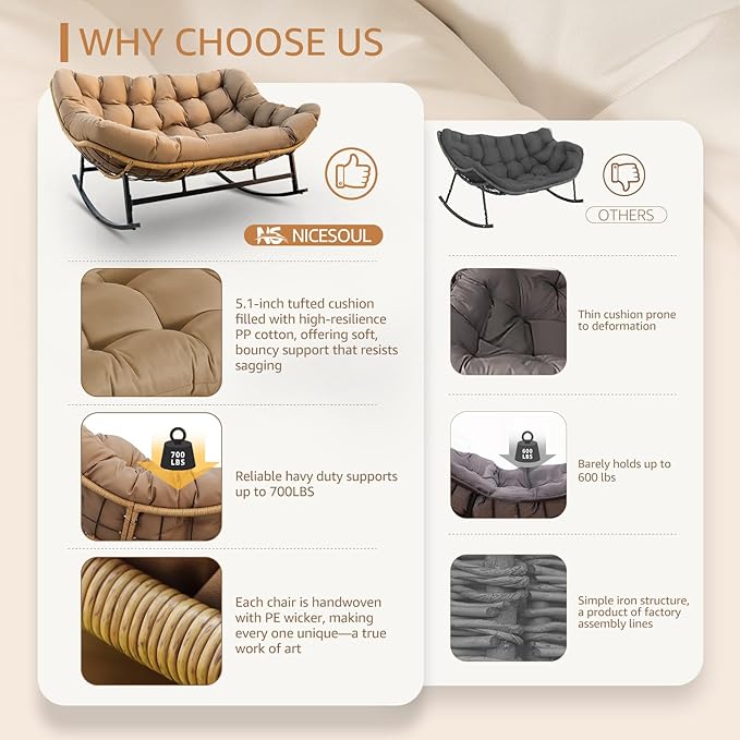 NICESOUL Oversized Double Rocking Papasan Chair with Cushion, 2 Person Big Wicker Outdoor Comfy Recliner, Large Heavy Duty 700 lbs Loveseat for Patio, Balcony, Backyard