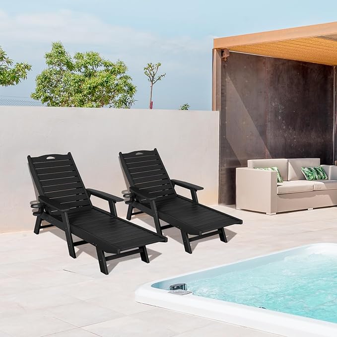 nalone Chaise Lounge Outdoor with 5-Position Adjustable Backrest, HDPE Lounge Chair for Outside Supports Up to 400 LBS, Pool Lounge Chairs for Patio Poolside Deck Beach Backyard (Black)