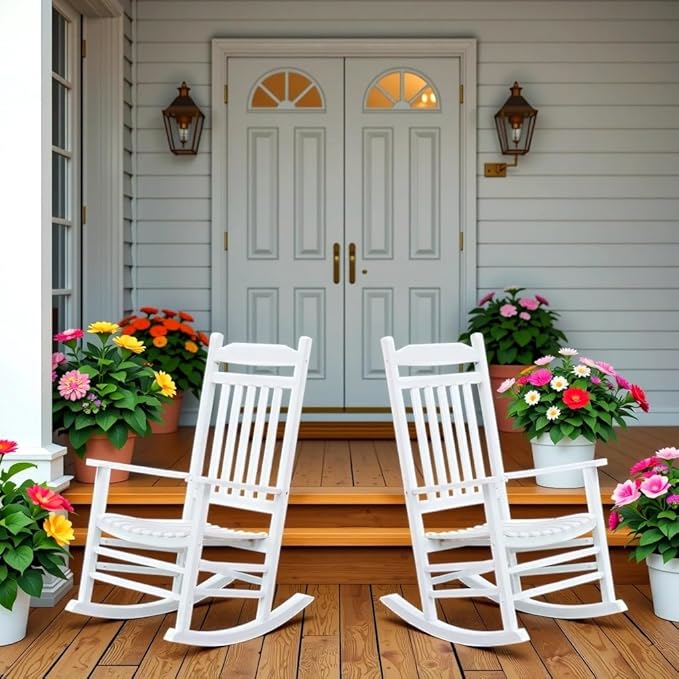 White Porch Rockers for Wooden Adults Furniture Set of 2 Outside Rocking Chair for Patio Lounge Balcony,Suitable for Indoor and Outdoor Use