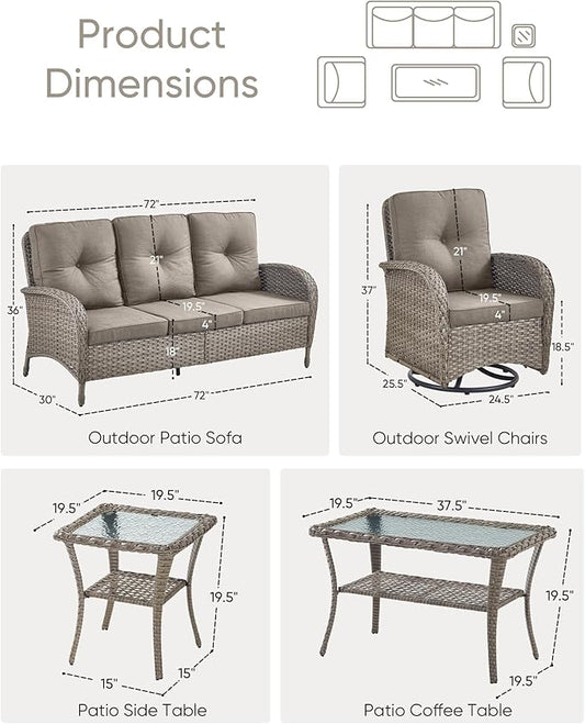 5 Pieces Wicker Patio Furniture Set-Outdoor Swivel Rocker Patio Chairs Patio Sofa Set with Tempered Glass Top Outdoor Coffee Table for Deck Lawn Porch Balcony Poolside-Grey/Grey