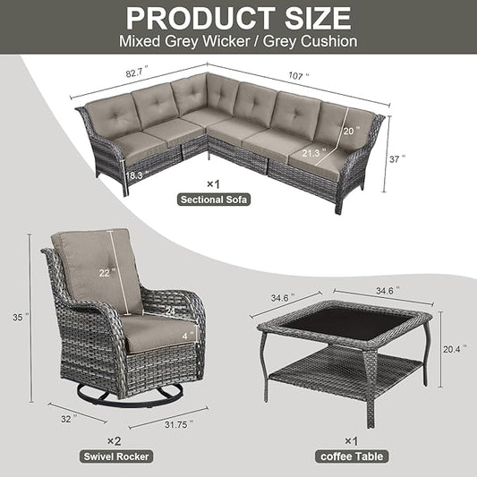 Belord Patio Furniture Set 6 Seats, Outdoor Swivel Rocker Patio Chairs, Oversized Outdoor Sectional Couch, Two 3-Seater Sofas with Coffee Table, Ideal for Porch, Deck, Gray Wicker/Gray