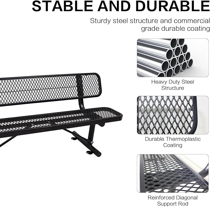8 Ft Metal Park Bench for Outside, All-Weather Thermoplastic Coating Outdoor Bench with Backrest, Commercial Heavy Duty Benches for Shopping Malls, Stores, Parks, Patios, Decks, Black